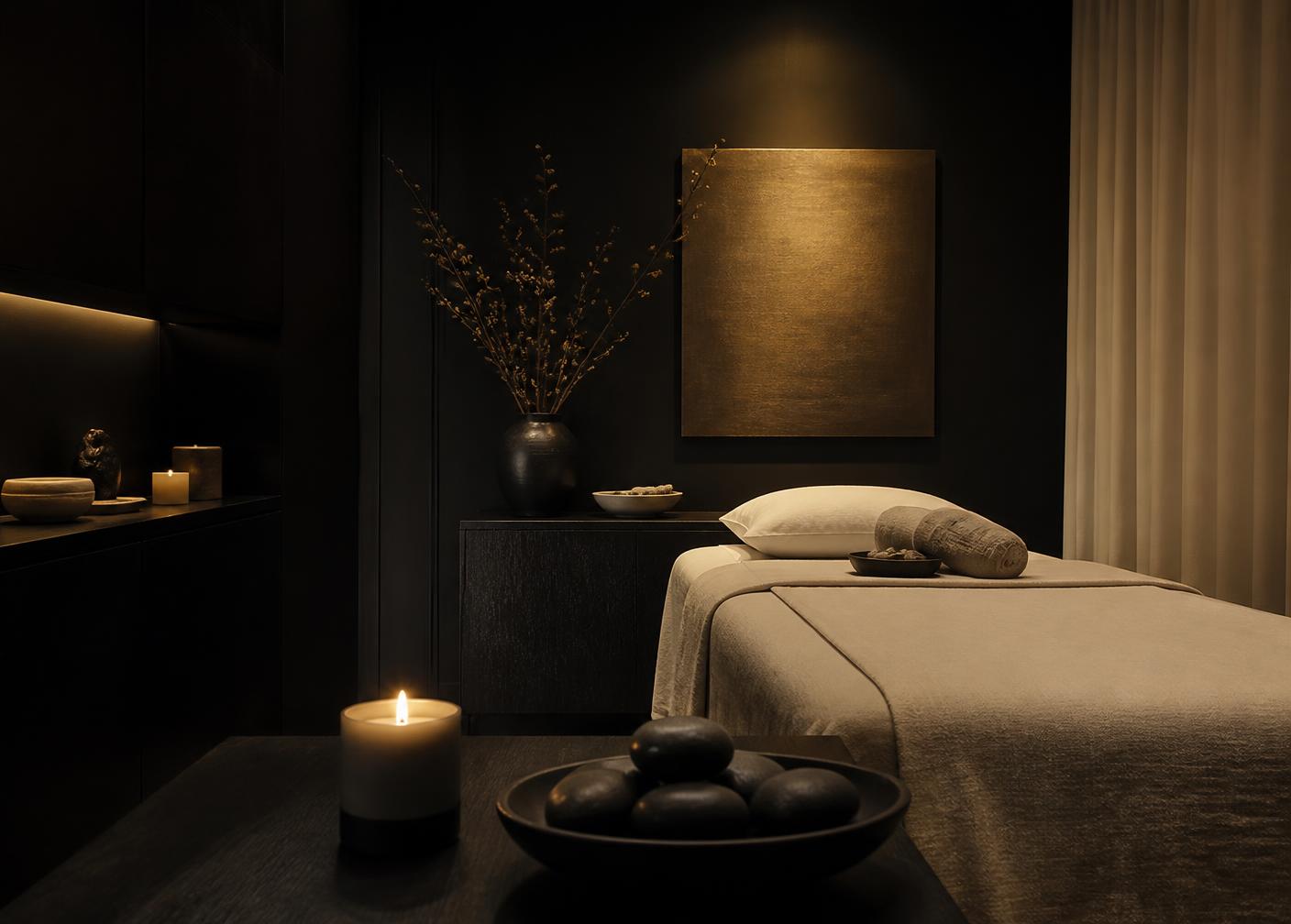 A calm, matte black room with candlelight and warm ivory linen